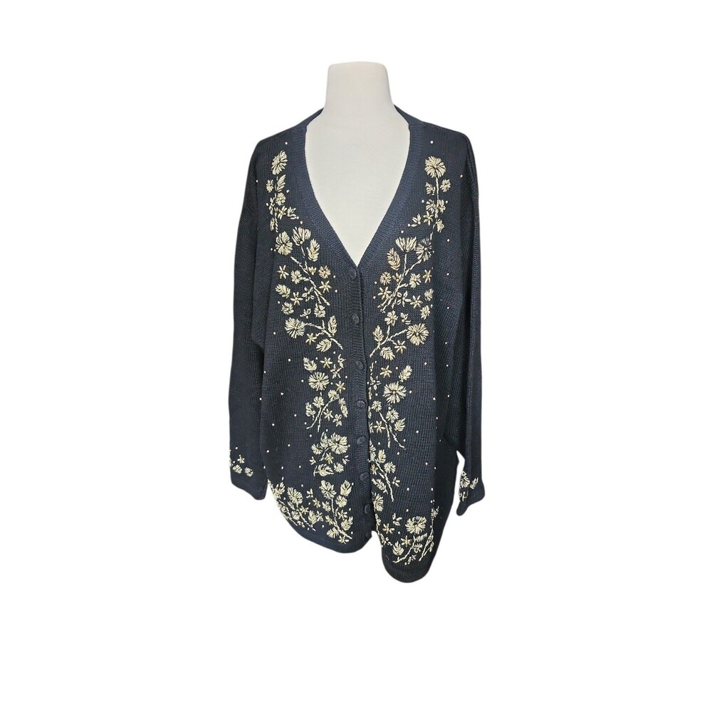 Victoria Jones Gold Embroidered  Cardigan Sweater Womens 3X Black Art To Wear